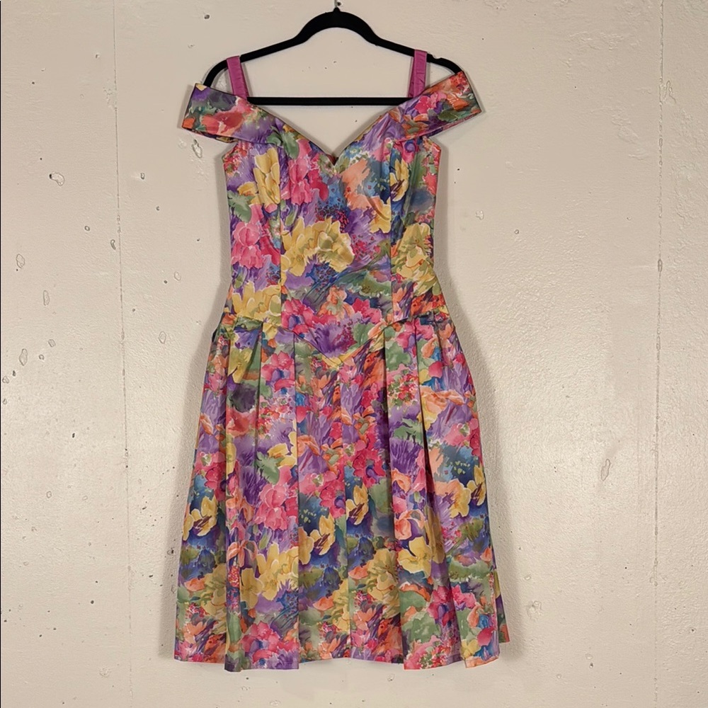 Vintage 80s Victor Costa Floral Off-Shoulder Dress